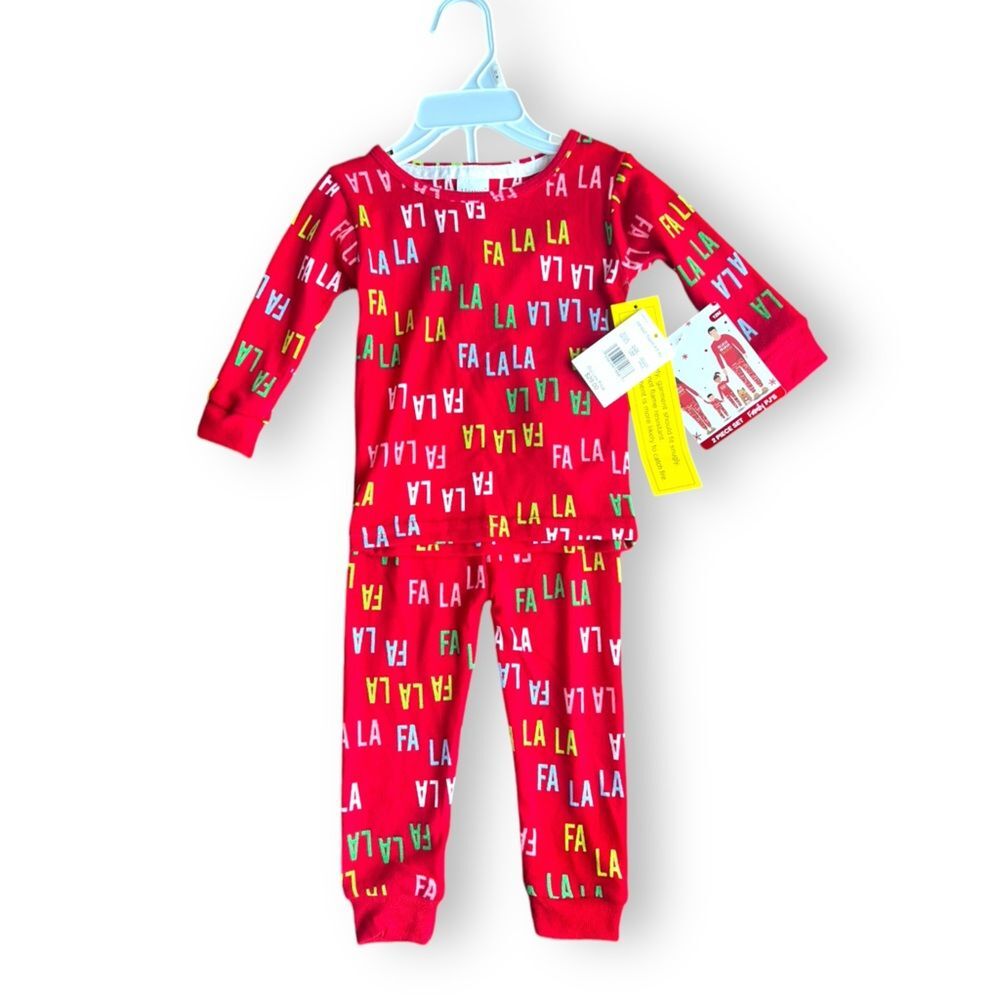 Hanes Infant Tight Fit 2 piece FaLaLa Christmas Pajama Set Size 12 mo  Red  NWT